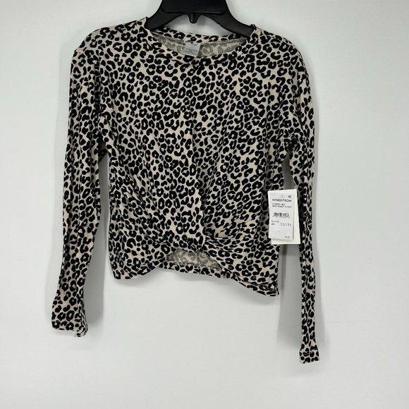 Nordstrom Girl's Twist Front Long Sleeve T-Shirt Beige Mosaic Leopard M 8/10 NWT - Picture 2 of 5